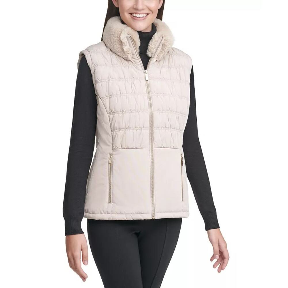 CALVIN KLEIN Faux-Fur Collar Beige Quilted Vest | Medium